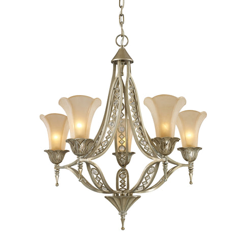 Chelsea 5 Light Chandelier In Aged Silver And Beige Frosted Glass
