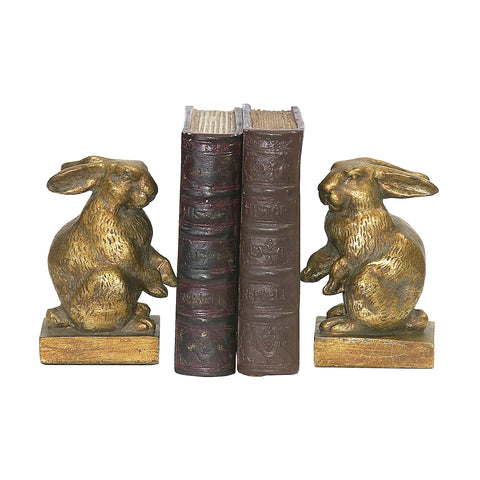 Baby Rabbit Bookends In Antique Gold And Brown - Pair