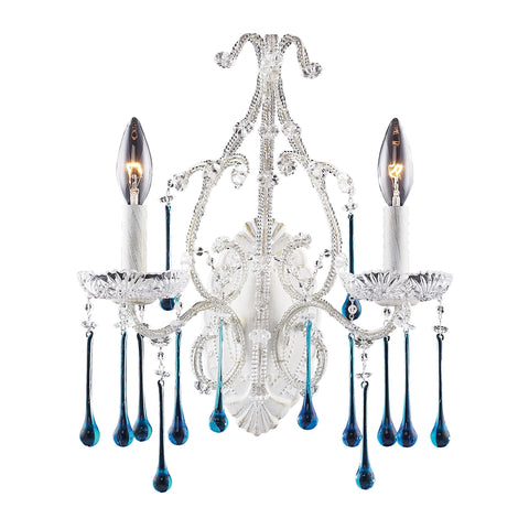 Opulence 2 Light Wall Sconce In Antique White And Aqua Crystal