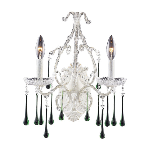 Opulence 2 Light Wall Sconce In Antique White And Lime Crystal