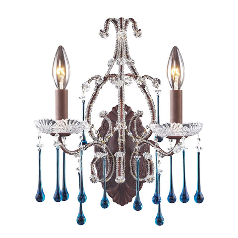Opulence 2 Light Wall Sconce In Rust And Aqua Crystal