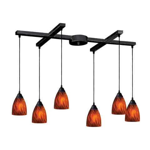Classico 6 Light Pendant In Dark Rust And Espresso Glass