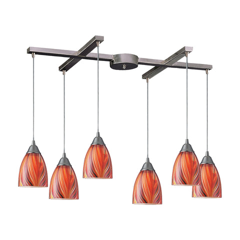 Arco Baleno 6 Light Pendant In Satin Nickel And Multi Glass