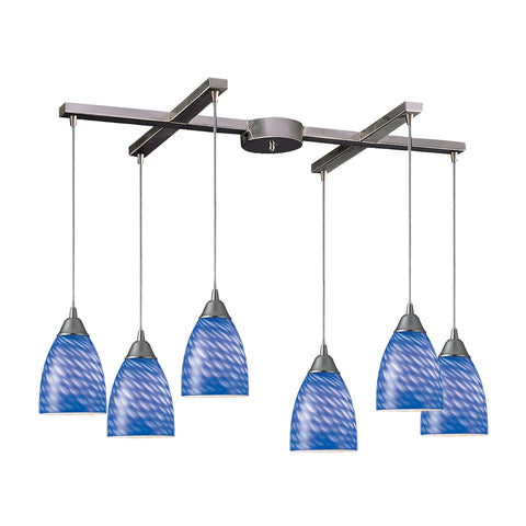 Arco Baleno 6 Light Pendant In Satin Nickel And Sapphire Glass