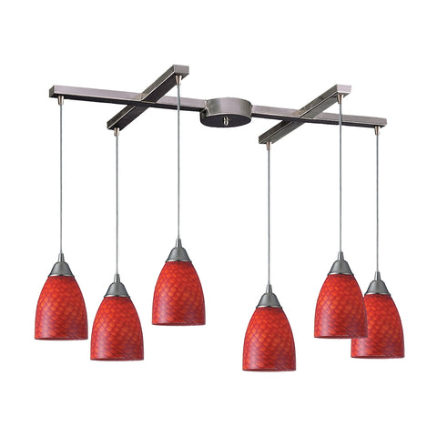 Arco Baleno 6 Light Pendant In Satin Nickel And Scarlet Red Glass