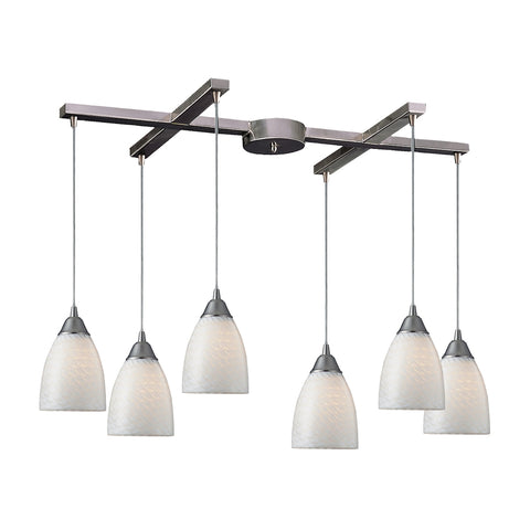 Arco Baleno 6 Light Pendant In Satin Nickel And White Swirl Glass