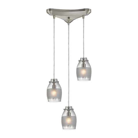 Carved Glass 3 Light Pendant In Brushed Nickel