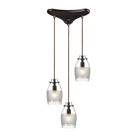 Carved Glass 3 Light Pendant In Oil Rubbed Bronze