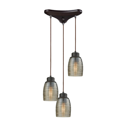 Muncie 3 Light Triangle Pan Pendant In Oil Rubbed Bronze With Champagne Plated Spun Glass
