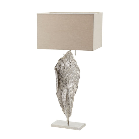 Tall Leaf Table Lamp in Nickel With Natural Linen Shade