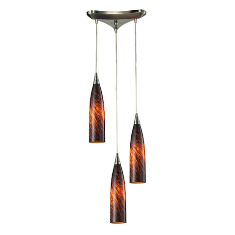Lungo 3 Light Pendant In Satin Nickel And Espresso Glass