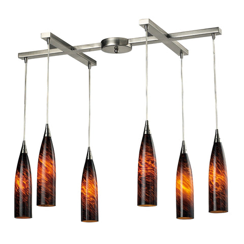 Lungo 6 Light Pendant In Satin Nickel And Espresso Glass