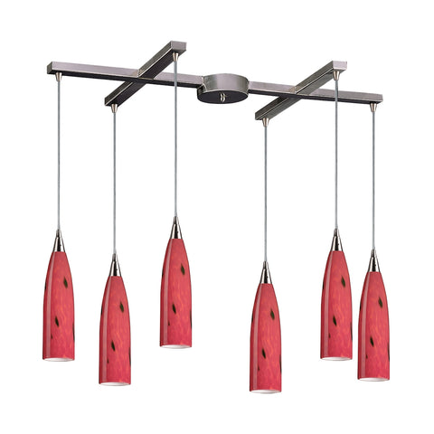 Lungo 6 Light Pendant In Satin Nickel And Fire Red Glass