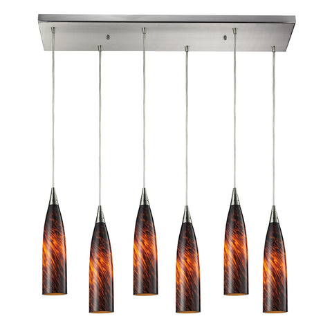 Lungo 6 Light Pendant In Satin Nickel And Espresso Glass