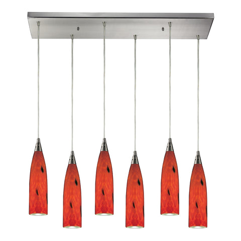 Lungo 6 Light Pendant In Satin Nickel And Fire Red Glass
