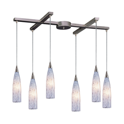 Lungo 6 Light Pendant In Satin Nickel And Snow White Glass