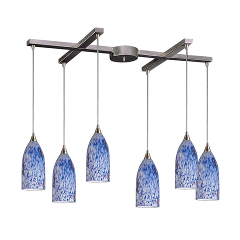 Verona 6 Light Pendant In Satin Nickel And Starburst Blue Glass