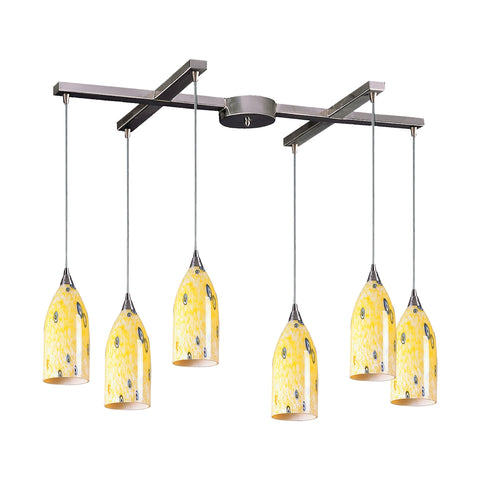 Verona 6 Light Pendant In Satin Nickel And Yellow Blaze Glass