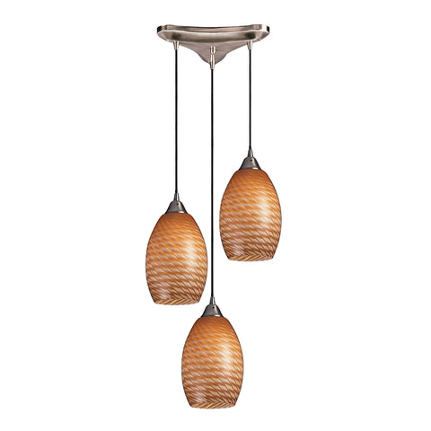Mulinello 3 Light Pendant In Satin Nickel And Cocoa Glass