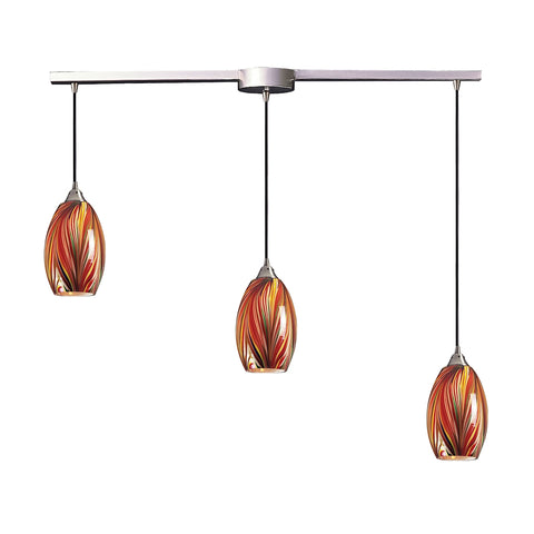 Mulinello 3 Light Pendant In Satin Nickel And Multicolor Glass