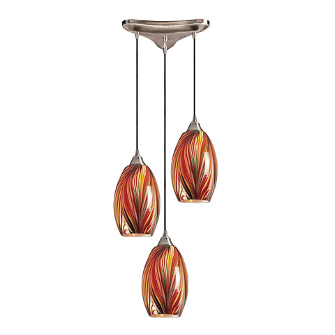 Mulinello 3 Light Pendant In Satin Nickel And Multicolor Glass