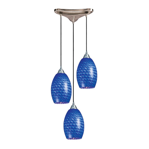 Mulinello 3 Light Pendant In Satin Nickel And Sapphire Glass