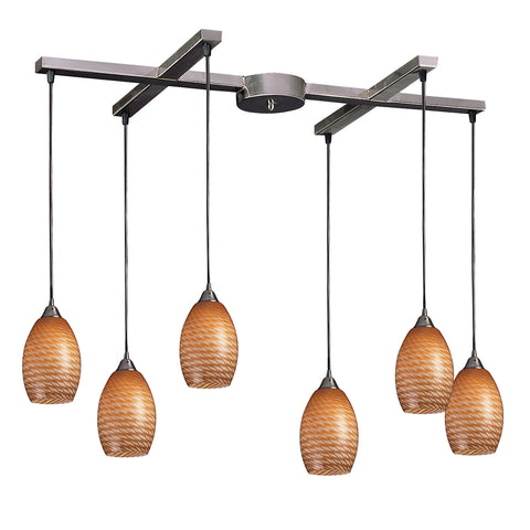Mulinello 6 Light Pendant In Satin Nickel And Cocoa Glass