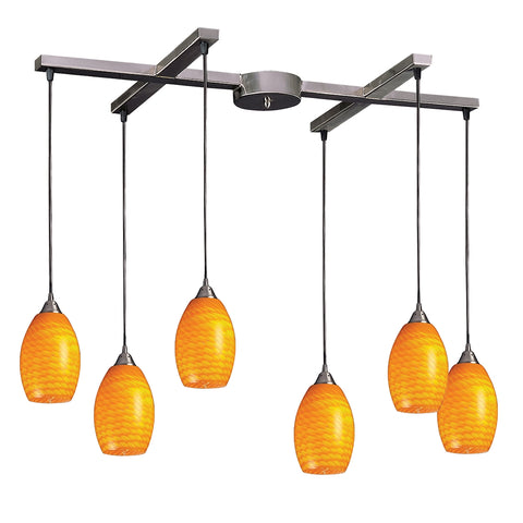 Mulinello 6 Light Pendant In Satin Nickel And Canary Glass
