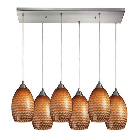 Mulinello 6 Light Pendant In Satin Nickel And Cocoa Glass