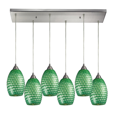 Mulinello 6 Light Pendant In Satin Nickel And Jade Glass