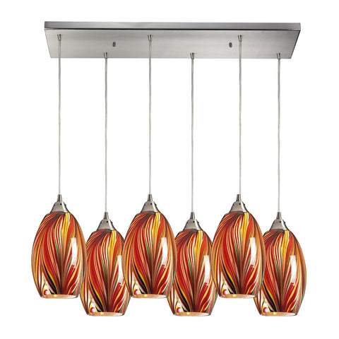 Mulinello 6 Light Pendant In Satin Nickel And Multicolor Glass