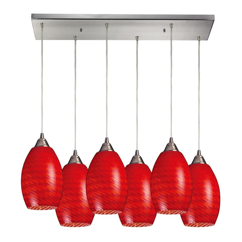 Mulinello 6 Light Pendant In Satin Nickel And Scarlet Red Glass