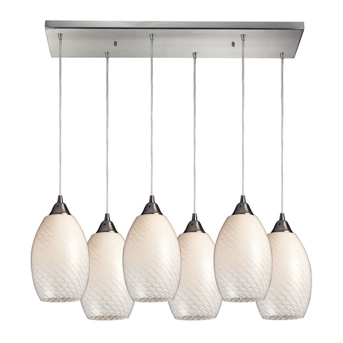 Mulinello 6 Light Pendant In Satin Nickel And White Swirl Glass