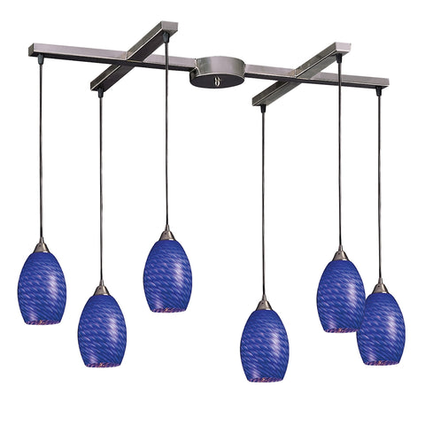 Mulinello 6 Light Pendant In Satin Nickel And Sapphire Glass