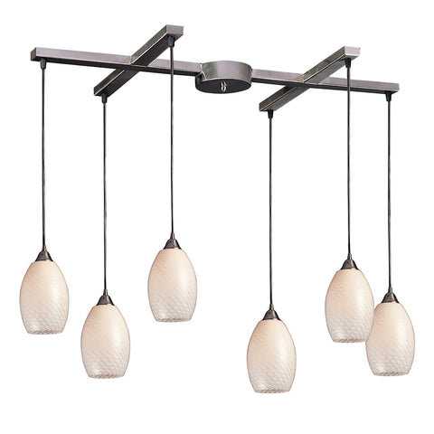 Mulinello 6 Light Pendant In Satin Nickel And White Swirl Glass