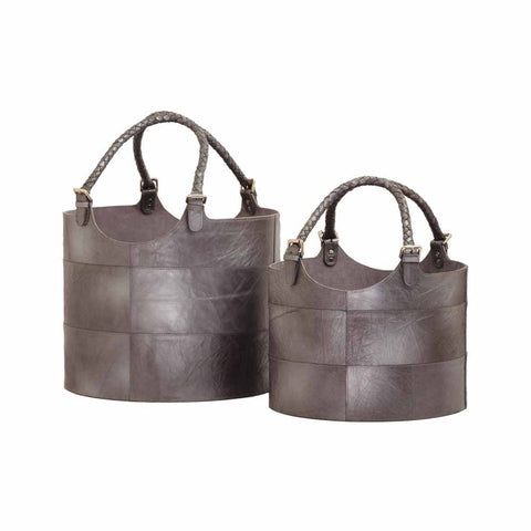 Nested Gunmetal Leather Buckets - Set of 2