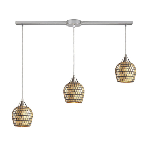 Fusion 3 Light Pendant In Satin Nickel And Gold Leaf Glass
