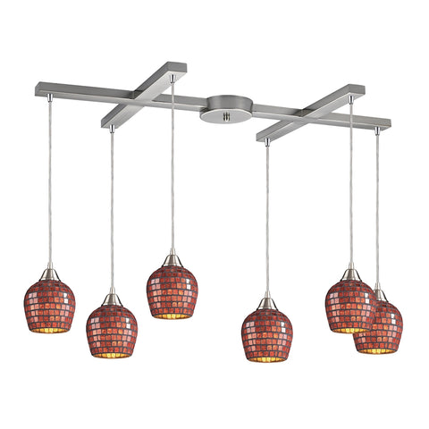 Fusion 6 Light Pendant In Satin Nickel And Copper Glass
