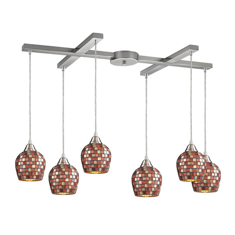 Fusion 6 Light Pendant In Satin Nickel And Multi Glass