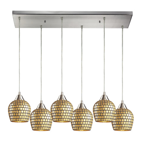 Fusion 6 Light Pendant In Satin Nickel And Gold Leaf Glass