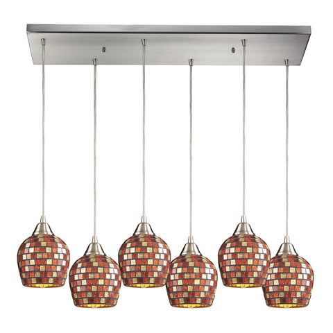 Fusion 6 Light Pendant In Satin Nickel And Multi Glass