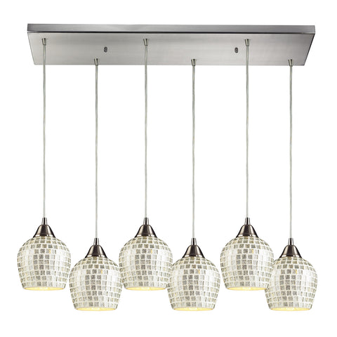 Fusion 6 Light Pendant In Satin Nickel And Silver Glass