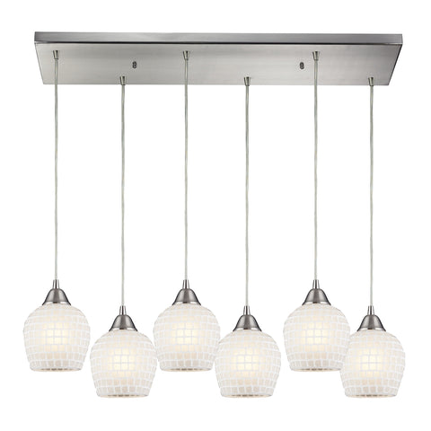 Fusion 6 Light Pendant In Satin Nickel And White Glass