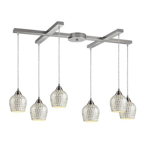 Fusion 6 Light Pendant In Satin Nickel And Silver Glass
