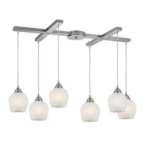 Fusion 6 Light Pendant In Satin Nickel And White Glass