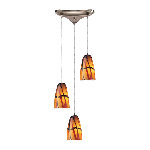 Fuego 3 Light Pendant In Satin Nickel And Jasper Glass