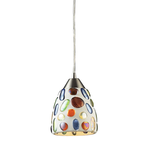 Gemstones 1 Light LED Pendant In Satin Nickel And Sculpted Multicolor Glass