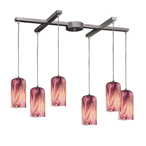 Molten 6 Light Pendant In Satin Nickel And Molten Rose Glass
