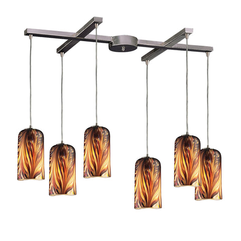 Molten 6 Light Pendant In Satin Nickel And Molten Sunset Glass