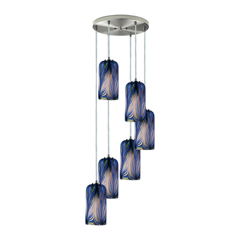 Molten 6 Light Pendant In Satin Nickel And Molten Ocean Glass